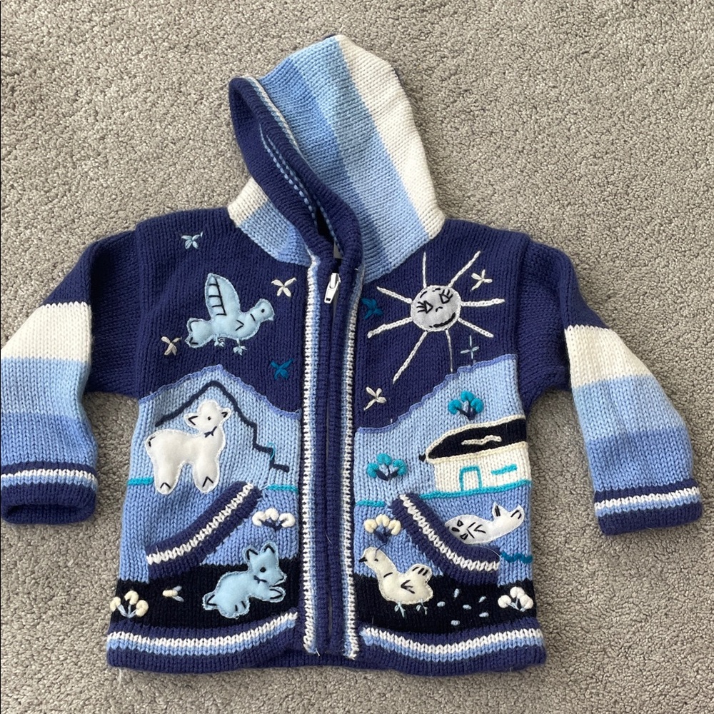Kids Blue Hooded Knit Sweater Jacket with Arctic Animal Appliqués